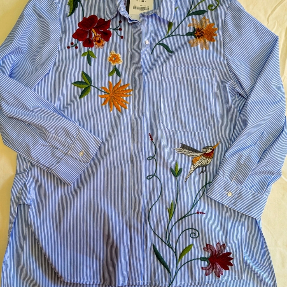 NWT Zara Women Large Blue White Pinstripe Collared Spring Embroidery Blouse